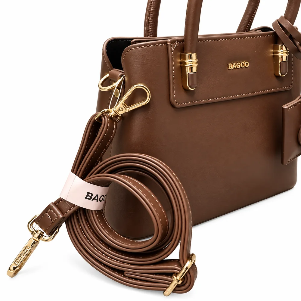 Borsa Bagco Clara a mano marrone in ecopelle, dettaglio tracolla