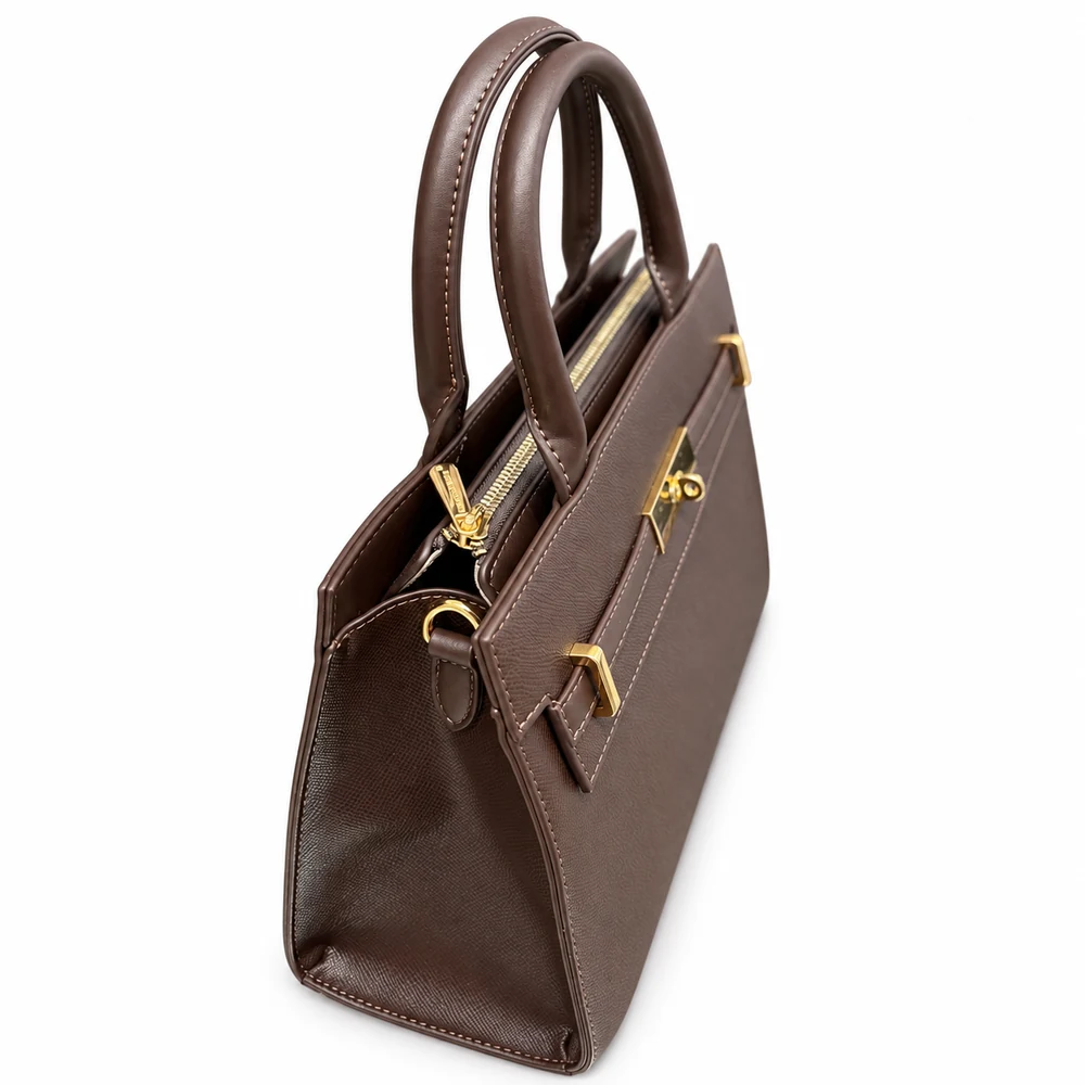 Borsa con manico e tracolla David Jones marrone, dettaglio zip