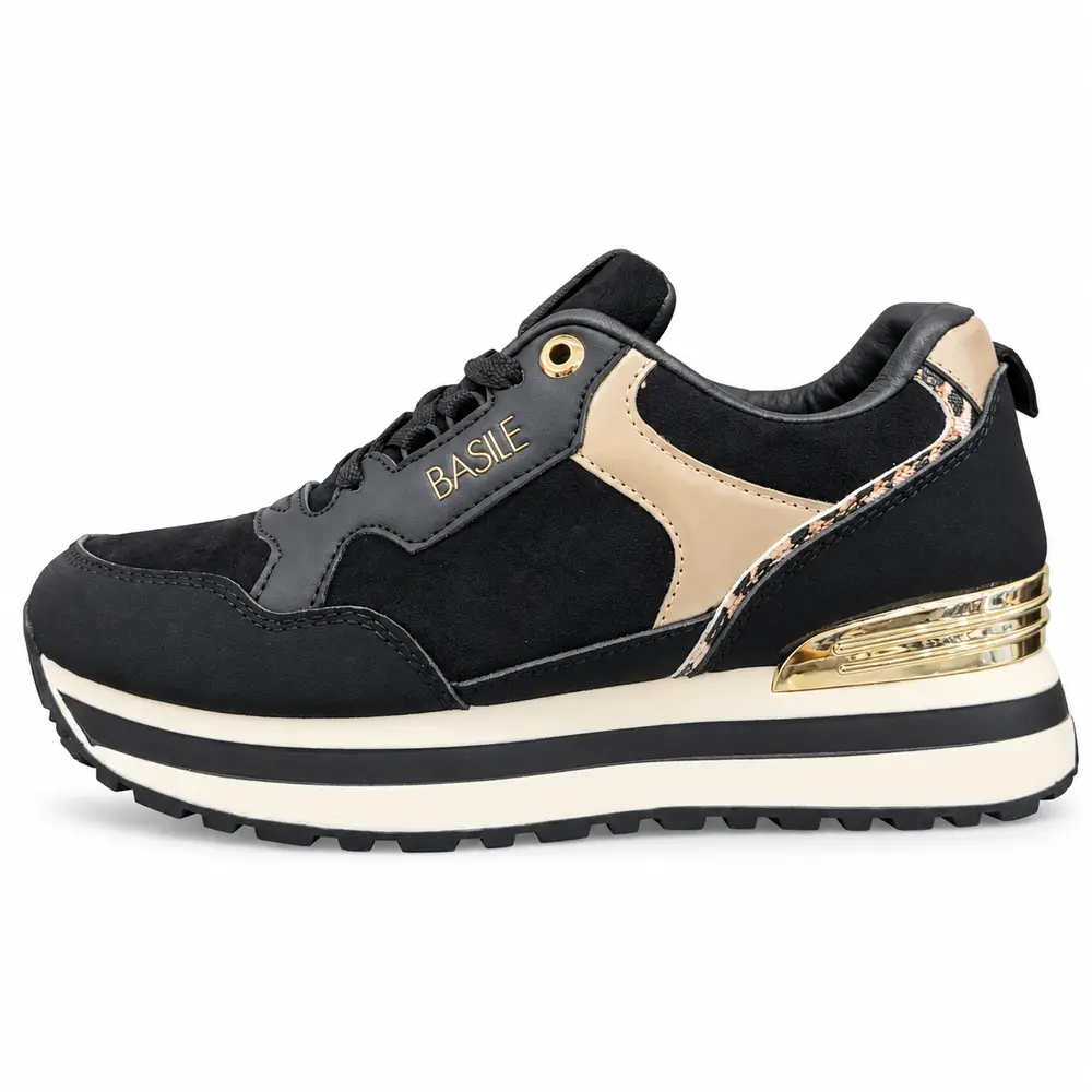 Sneakers Basile Elisa con rialzo nero, vista laterale con punta a sinistra
