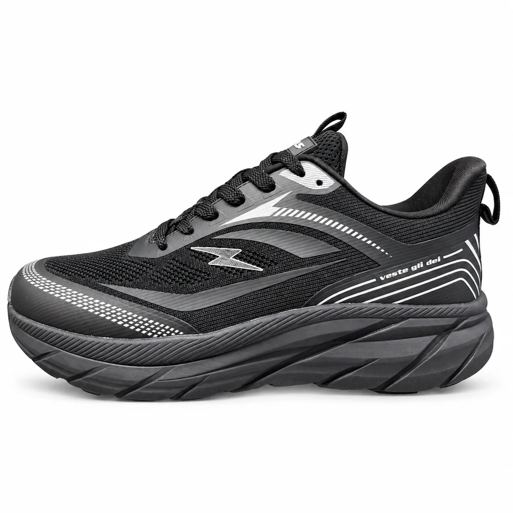 Sneakers uomo Zeus nere in tessuto, vista laterale con punta rivolta a sinistra